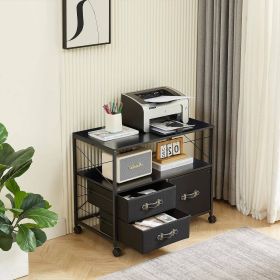 Black Metal Wood Mobile Printer Stand Filing Cabinet with Fabric Drawers