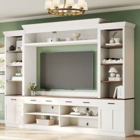 ON-TREND Farmhouse 4-Piece Entertainment Wall Unit Set with Bookshelf for TVs Up to 70", Walnut TV Stand with Adjustable Shelves