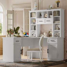 L-Shaped Computer Desk with 2 Cabinets and 2 Drawers, 11 Open Shelves and 1 Right Flip Shelf with Storage, with Power Outlet, for Study