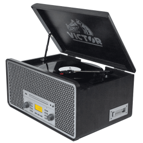 Victor Monument 8-in-1 Wood Music Center with 3-Speed Turntable and Dual Bluetooth