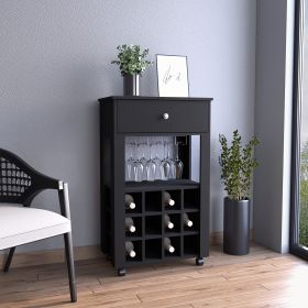 Memphis Bar Cart; Twelve Built-in Wine Rack; Four Legs; One Open Shelf -Black