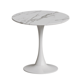 31.4 "round dining table, medieval white marble patterned tulip dining table, 2-3 person metal base dining table, easy to assemble casual coffee table