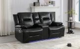 2 Seater Home Theater Recliner Manual Recliner Chair with a LED Light Strip Two Cup Holders and a Storage Box for Living Room,Bedroom, Black