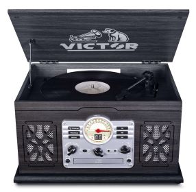 Victor State 7-in-1 Wood Music Center with 3-Speed Turntable & Dual Bluetooth (Color: Graphite)