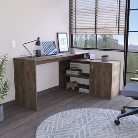 Pearl L-Shaped Desk, Single Door Cabinet, Two Shelves (Color: Dark Brown)