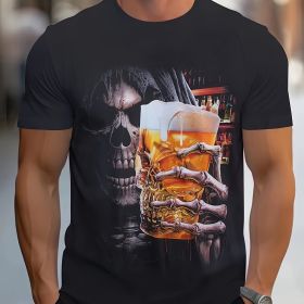 Beer And Skull 3D Printed Men's T-shirt, Casual Creative Short Sleeved Top, Summer Streetwear Men's Clothing (Color: Blakc, size: 4XL)