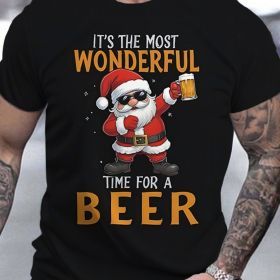 Men's Santa Claus Enjoys Beer Pattern T-shirt - Casual Round Neck Short Sleeve (Color: Black, size: 3XL)