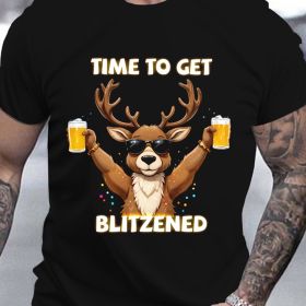 Men's Christmas Deer And Beer 3D Printed T-shirt - Casual Round Neck Short Sleeve, Breathable Polyester Fiber Summer Top (Color: Black, size: L)